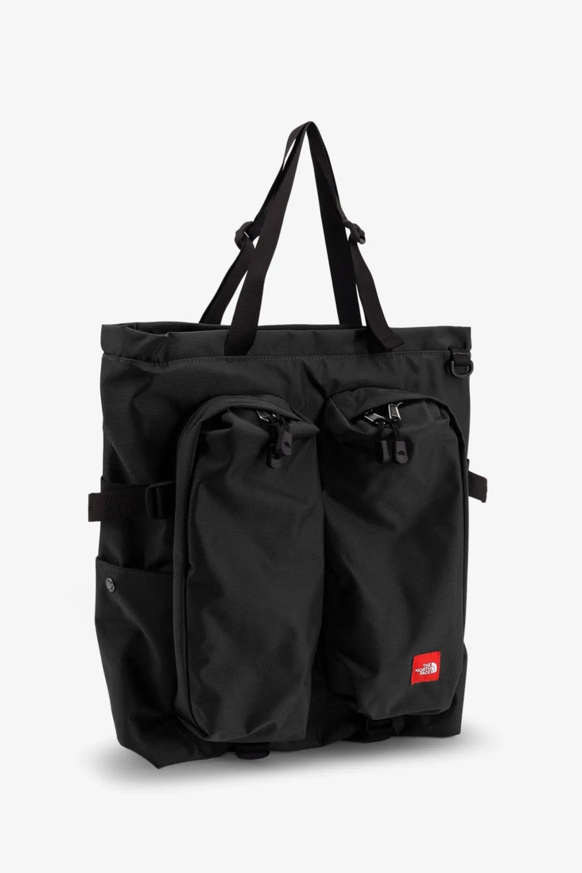 The north face men’s black nylon tote bag with dual front zippered pockets and a red brand logo patch