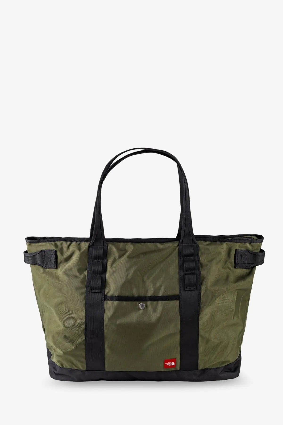 The north face men’s olive green nylon tote bag with black straps and trim for shoulder use