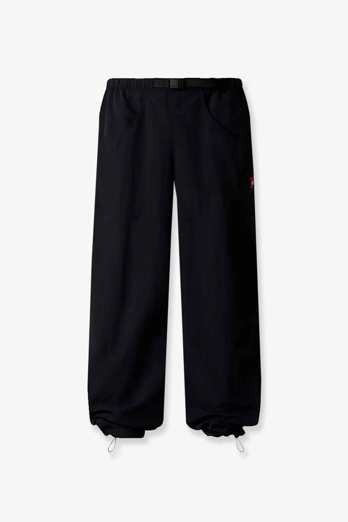 The north face men’s black nylon trousers with elastic waist drawstring cuffs and small red logo on the thigh