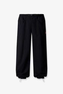 The north face men’s black nylon trousers with elastic waist drawstring cuffs and small red logo on the thigh