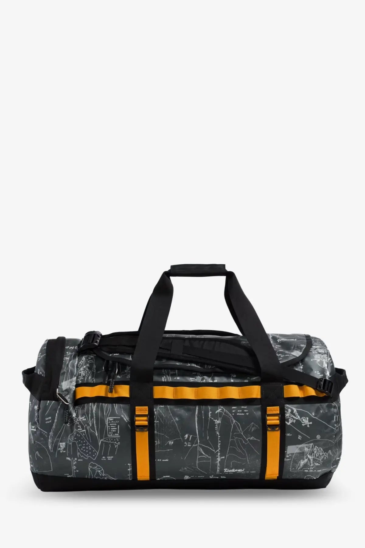 The north face men’s recycled pvc base camp duffel backpack in black and orange with gray map-patterned exterior