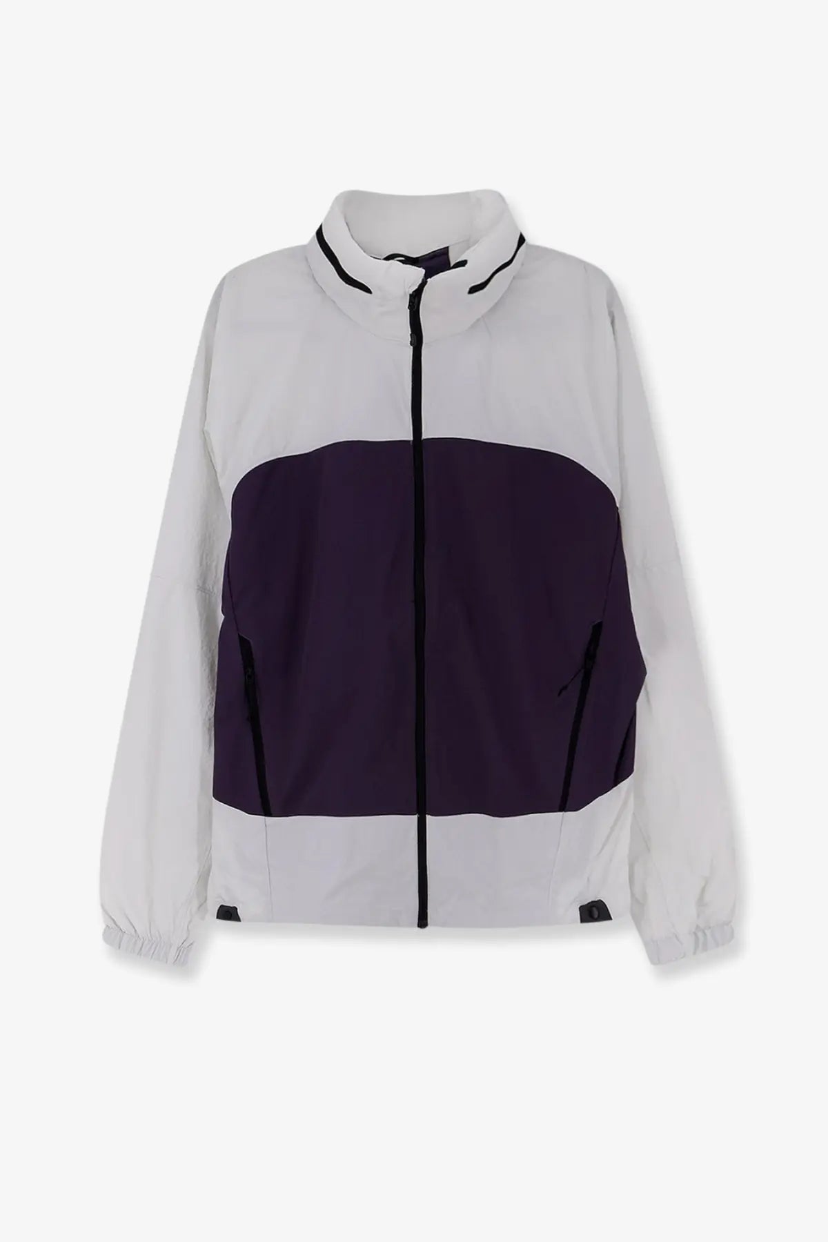 The North Face men’s relaxed fit windbreaker jacket white with navy purple midsection and black zipper accents
