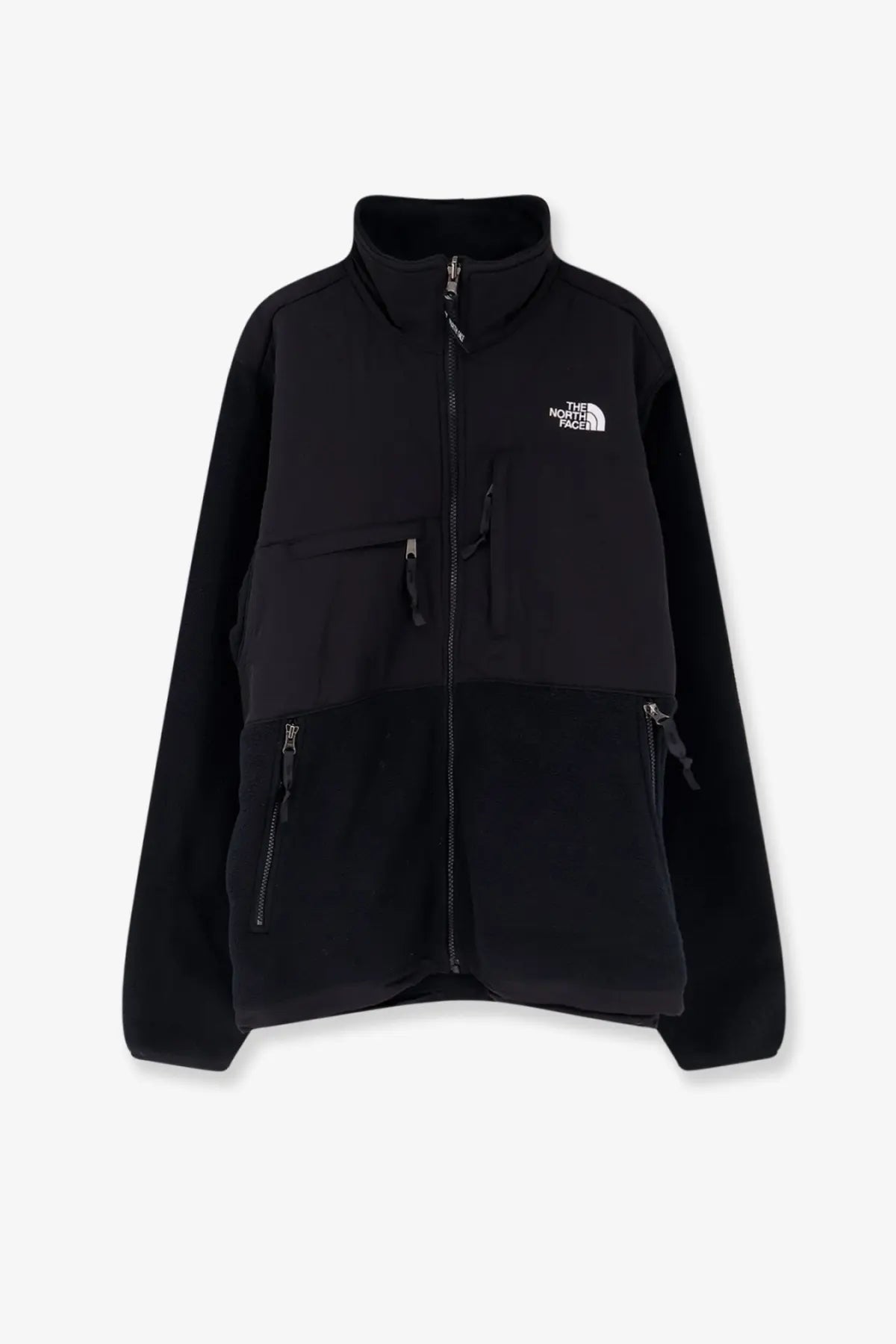 The North Face men’s retro Denali jacket black fleece with high collar zipper closure and multiple zippered pockets