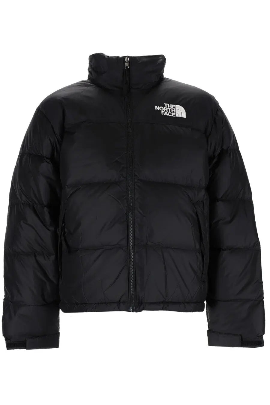 The North Face men’s retro Nuptse black puffer jacket with high collar and white logo on the chest