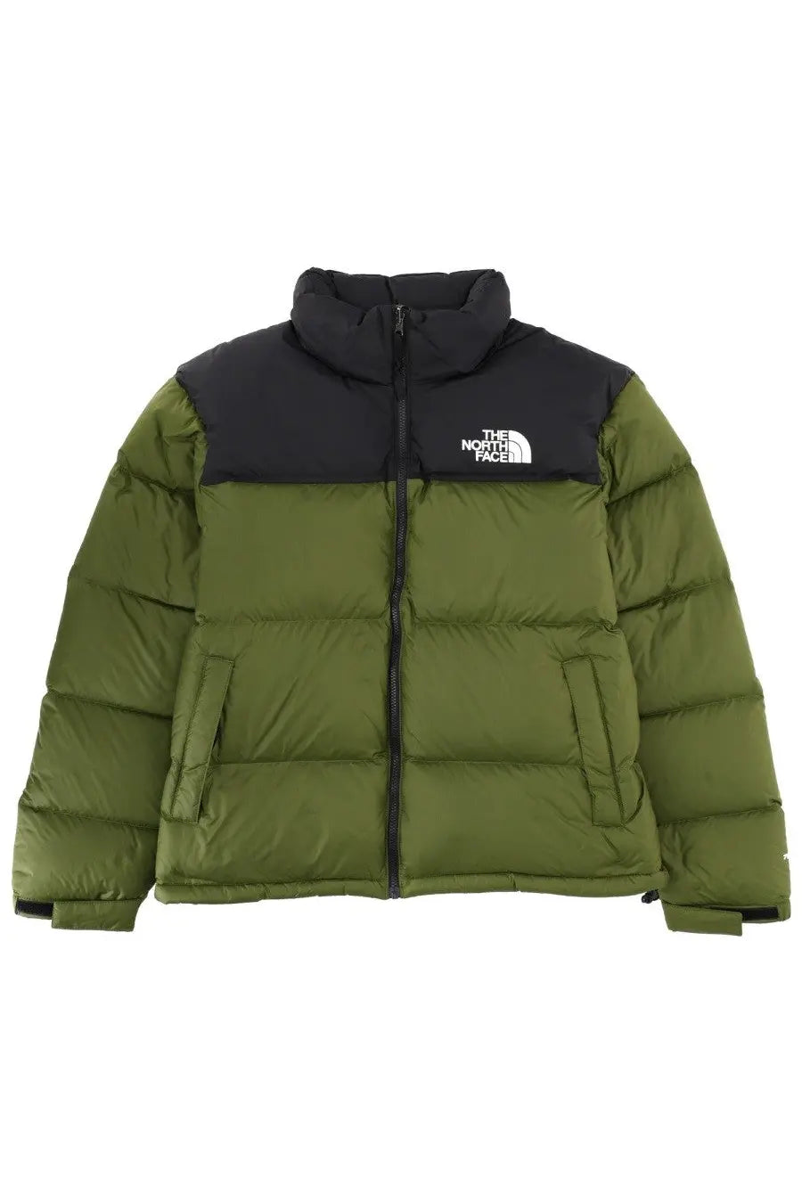 The north face men’s retro nuptse jacket in olive green and black features a quilted design and front zipper