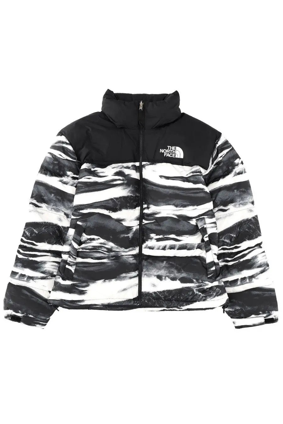 The North Face men’s retro nuptse jacket black and white wave-patterned puffer with black hood and front zipper closure