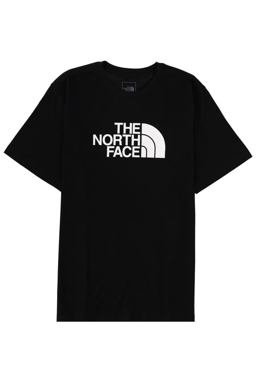 The North Face men’s black short sleeved t shirt with bold white logo across the chest in cotton material