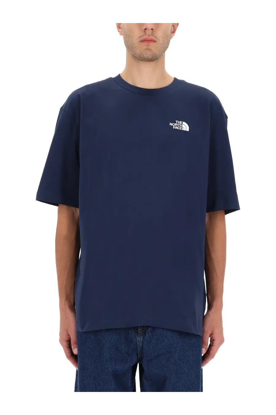 Navy blue short-sleeved The North Face men’s t-shirt with white embroidered logo on the left chest