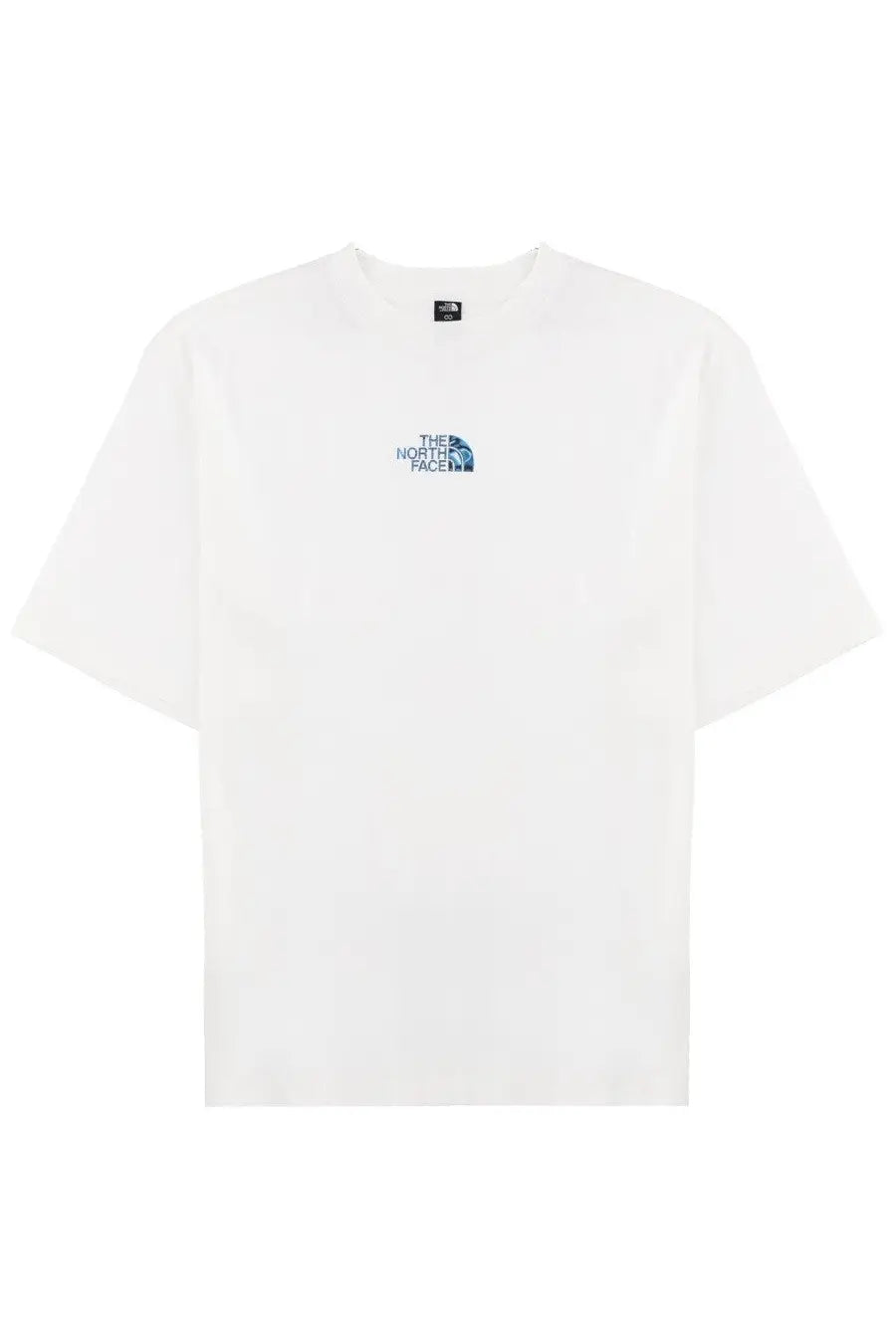 The North Face men’s white short-sleeved shirt with small blue embroidered logo on the chest
