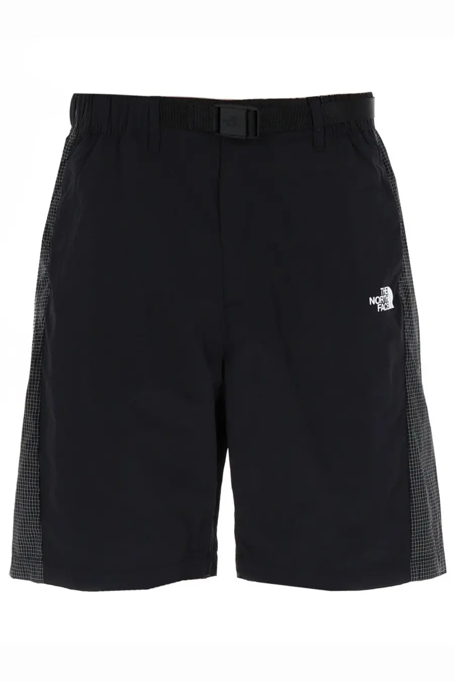 The north face men’s black shorts with contrasting gray grid side panels and a matching belt for outdoor use