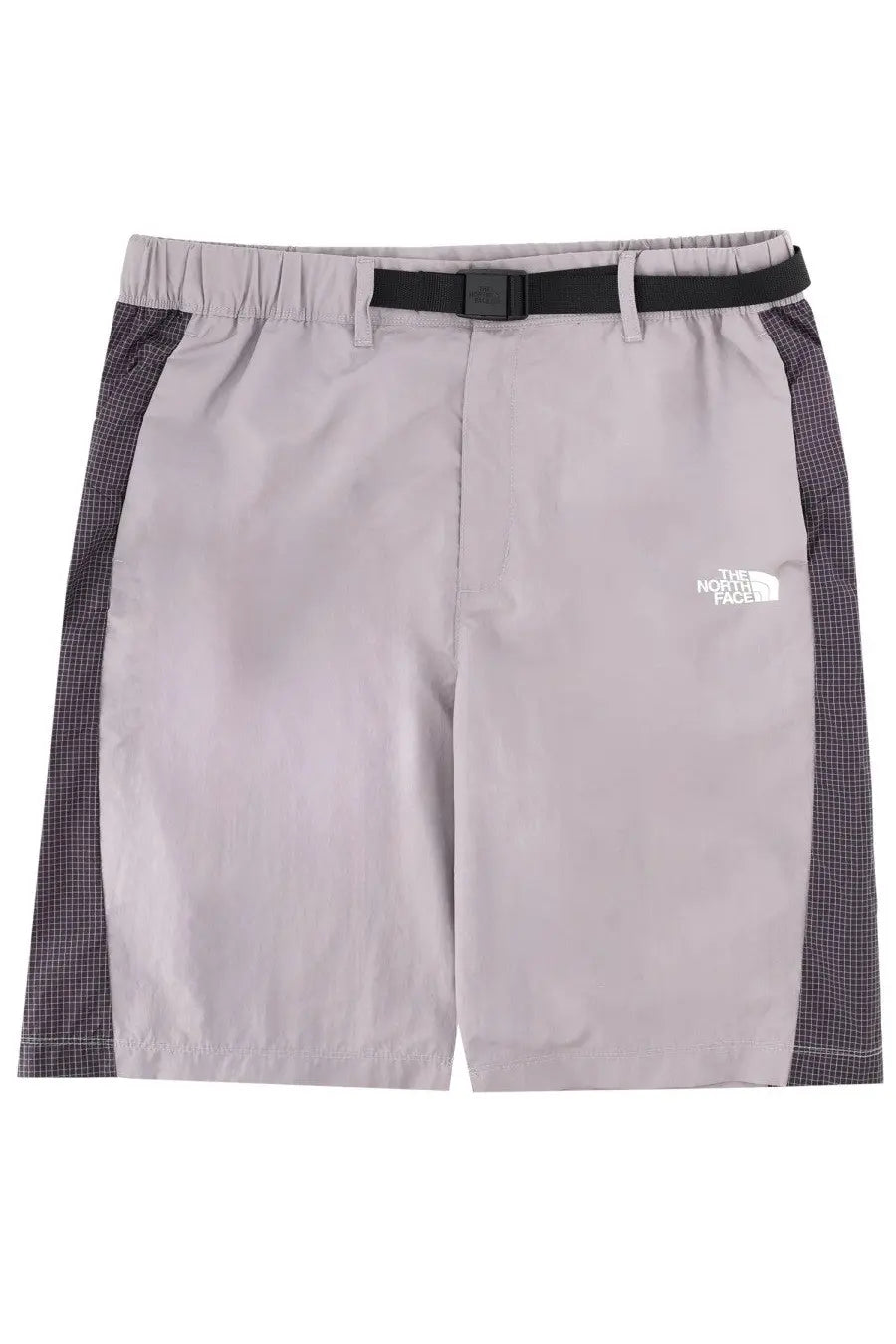 The North Face men’s light gray shorts with dark grid-patterned side panels and black belt for outdoor use