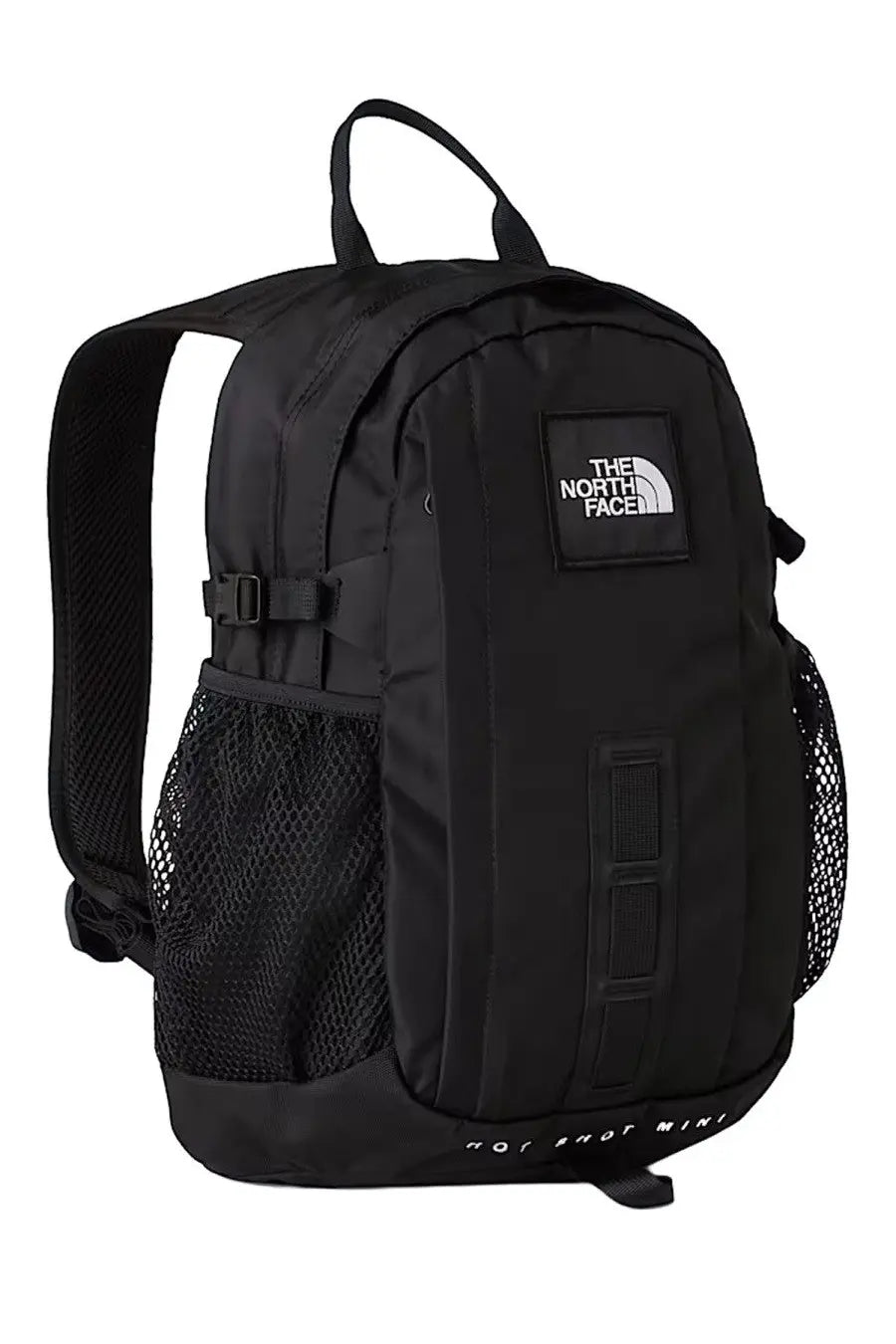 The north face unisex backpack hot shot mini black with mesh side pockets and front patch logo in black nylon