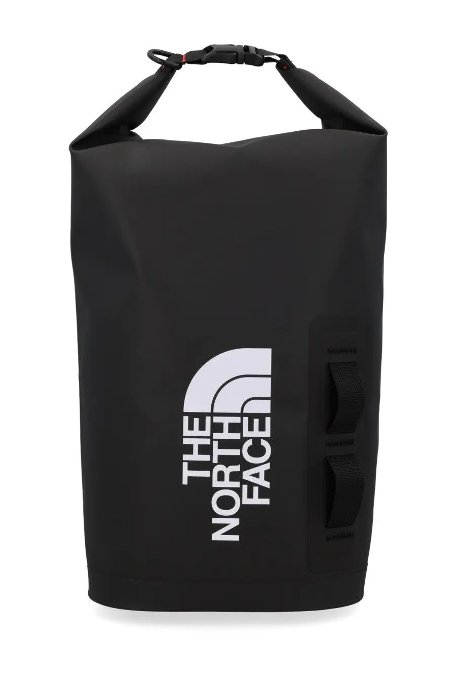 The north face unisex waterproof black dry bag with white logo and side compression straps for outdoor use