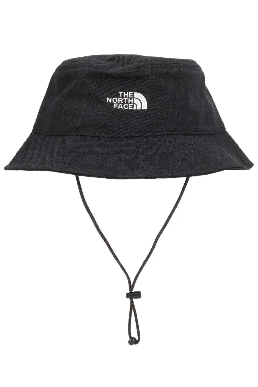 The north face unisex bucket hat norm black in black features a white embroidered logo and adjustable chin strap