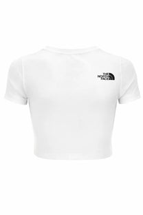 The North Face women’s white short-sleeved cropped shirt with black embroidered logo on the upper left chest
