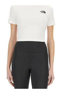 The North Face women’s white short-sleeved cropped shirt with black logo on the chest for casual wear