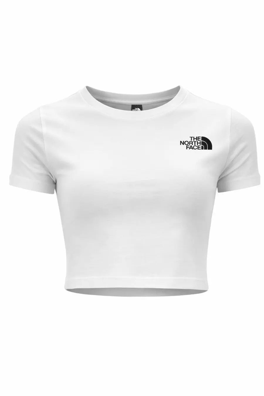The North Face women’s white cropped t-shirt features a black logo on the left chest in a comfortable cotton fabric