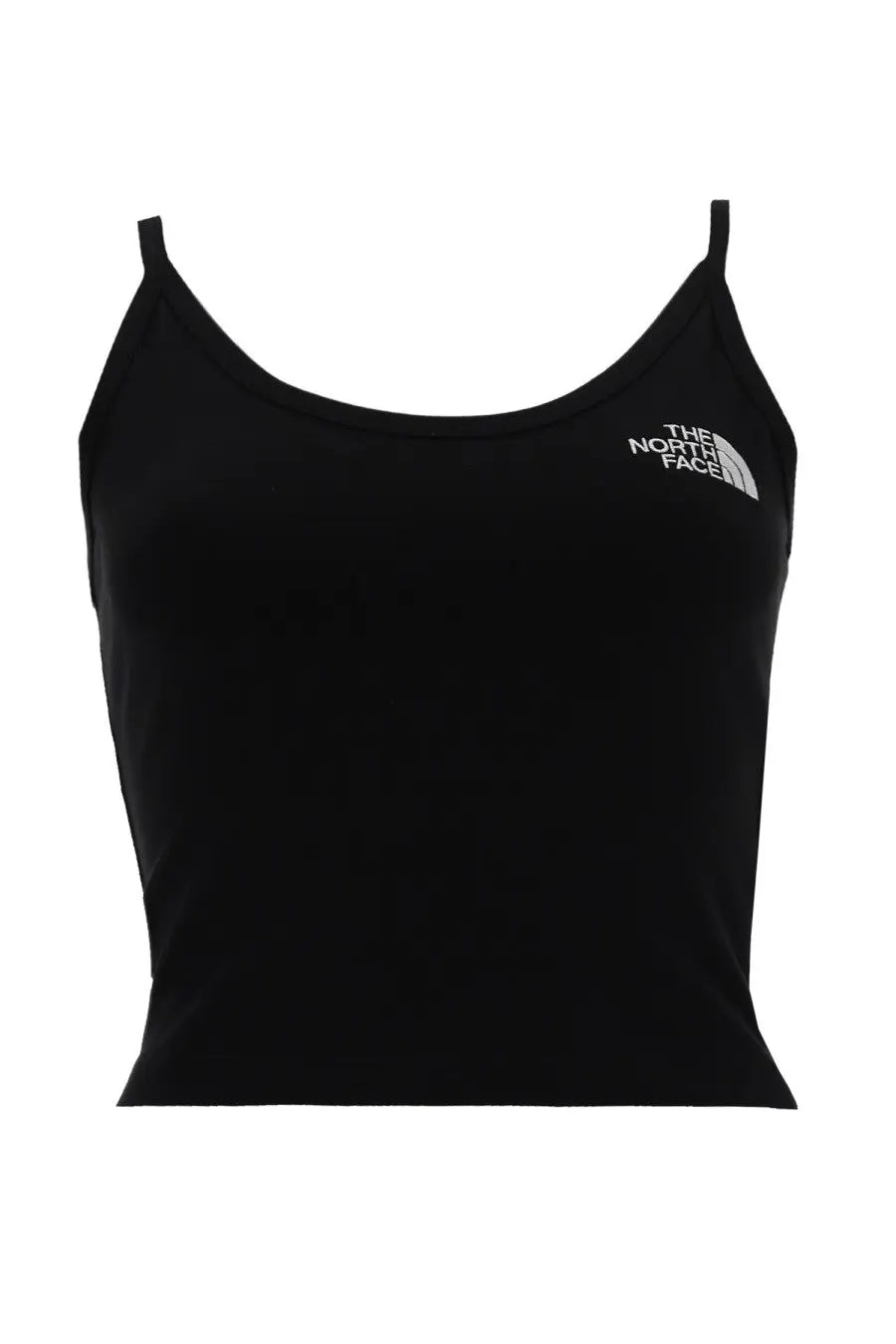 The north face women’s black slim crop tank top with a white logo on the upper left side for active wear