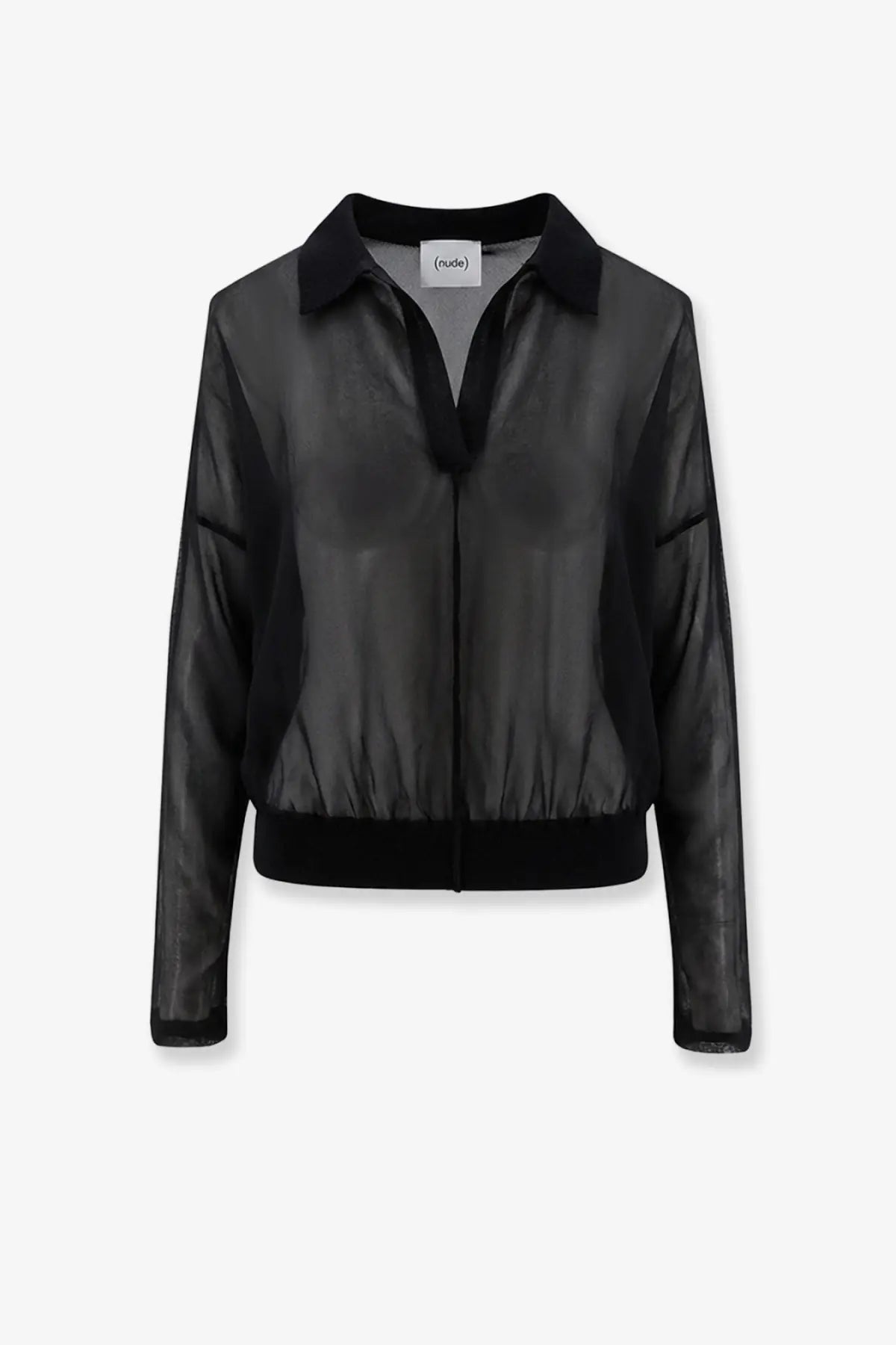 Black sheer bomber jacket with solid black collar and cuffs styled over nude women’s cotton blend polo shirt black