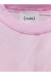 A soft pink knit cotton blend shirt with a ribbed neckline and a white label reading nude for women
