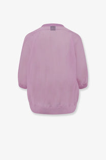 A soft lavender lightweight cotton blend cardigan with a relaxed fit and three quarter length sleeves for women