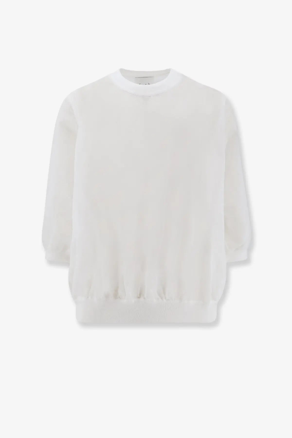 White soft textured long-sleeved cotton blend sweater with relaxed fit and ribbed cuffs for women
