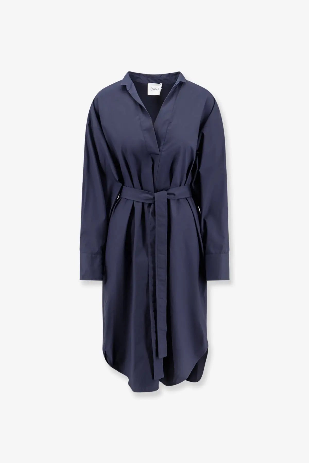 Navy blue cotton long-sleeved belted shirt dress with collar and button-down front for women by Nude