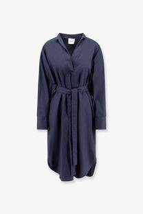 Navy blue cotton long-sleeved belted shirt dress with collar and button-down front for women by Nude