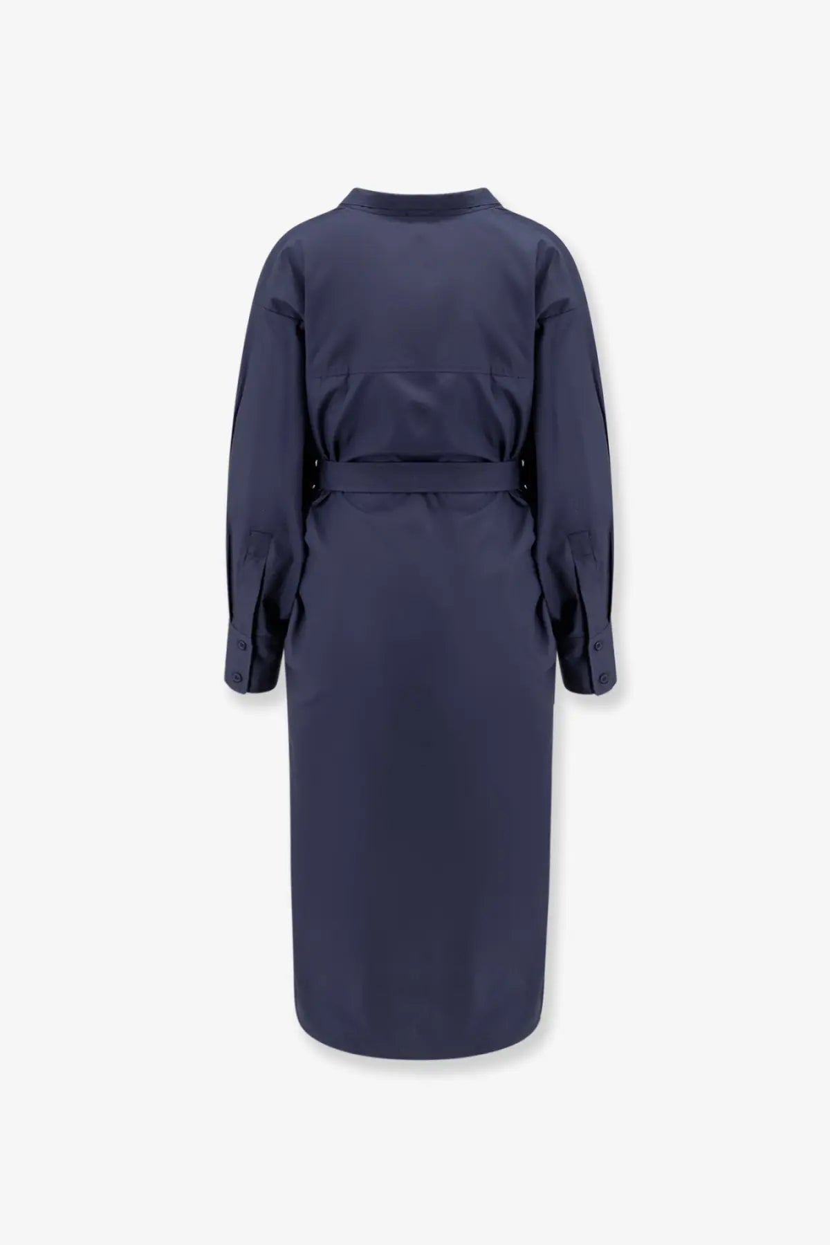 Navy blue cotton trench coat with belted waist and long sleeves for women in nude and blue collection
