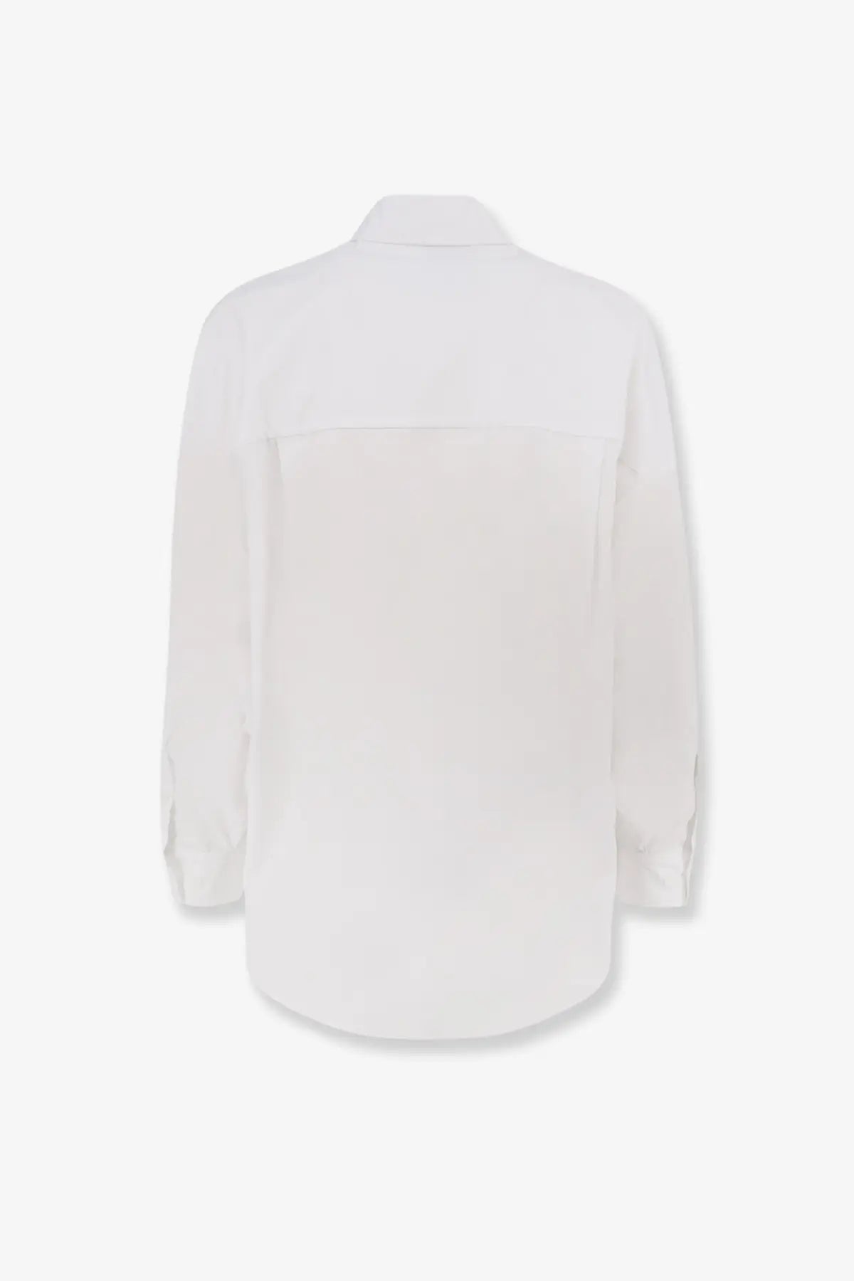A crisp white long-sleeved cotton shirt for women with a classic collar and subtle seam detailing