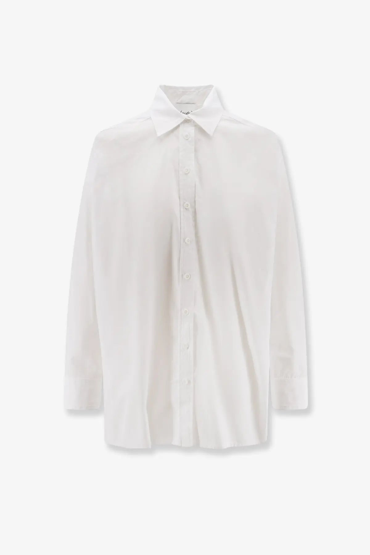 Nude women’s white cotton shirt with minimalist design, crisp collar, long sleeves, and lightweight fabric
