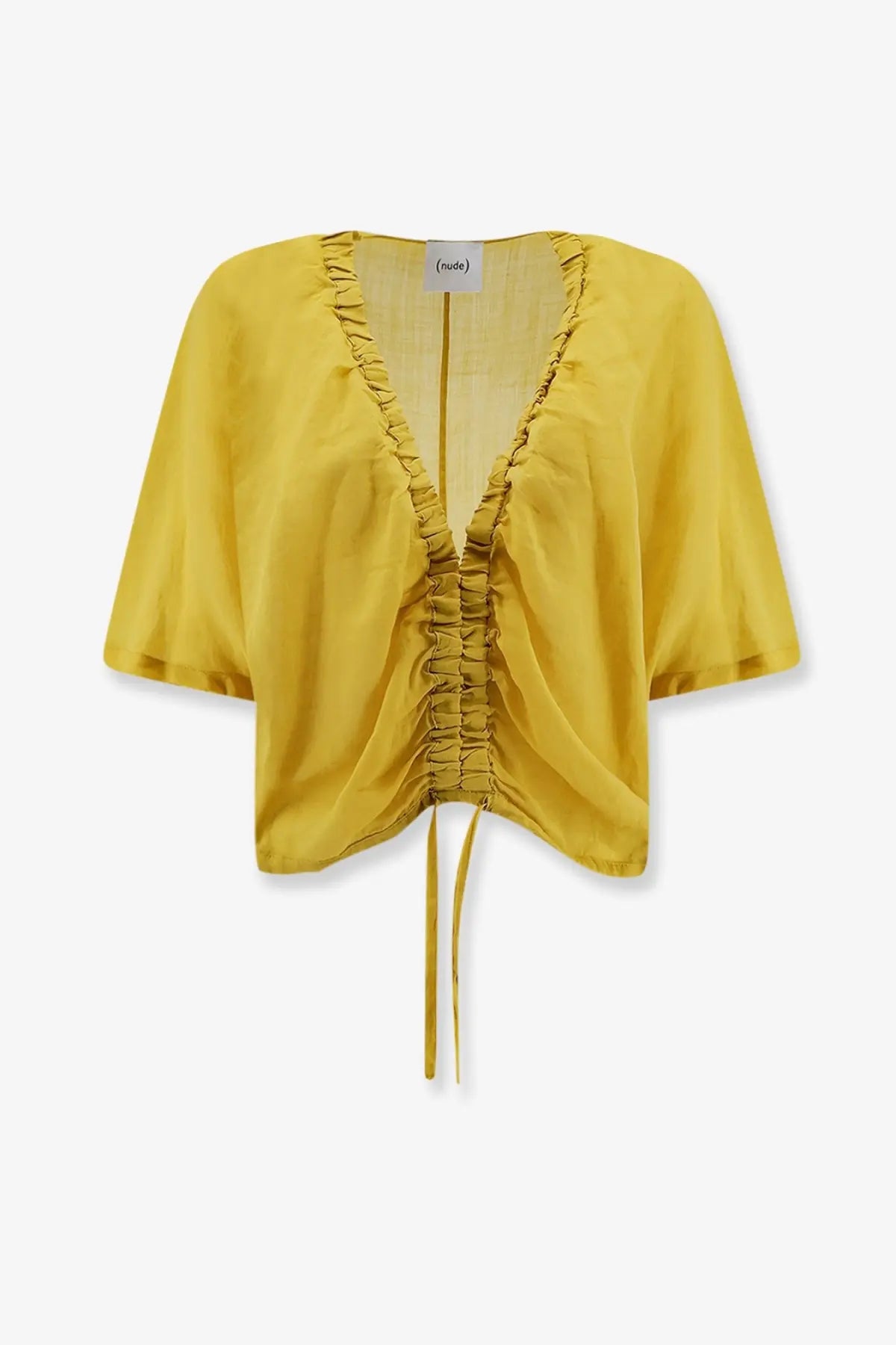 A mustard-yellow cropped linen blend top with ruched front and drawstring waist for Nude Women’s Cedar