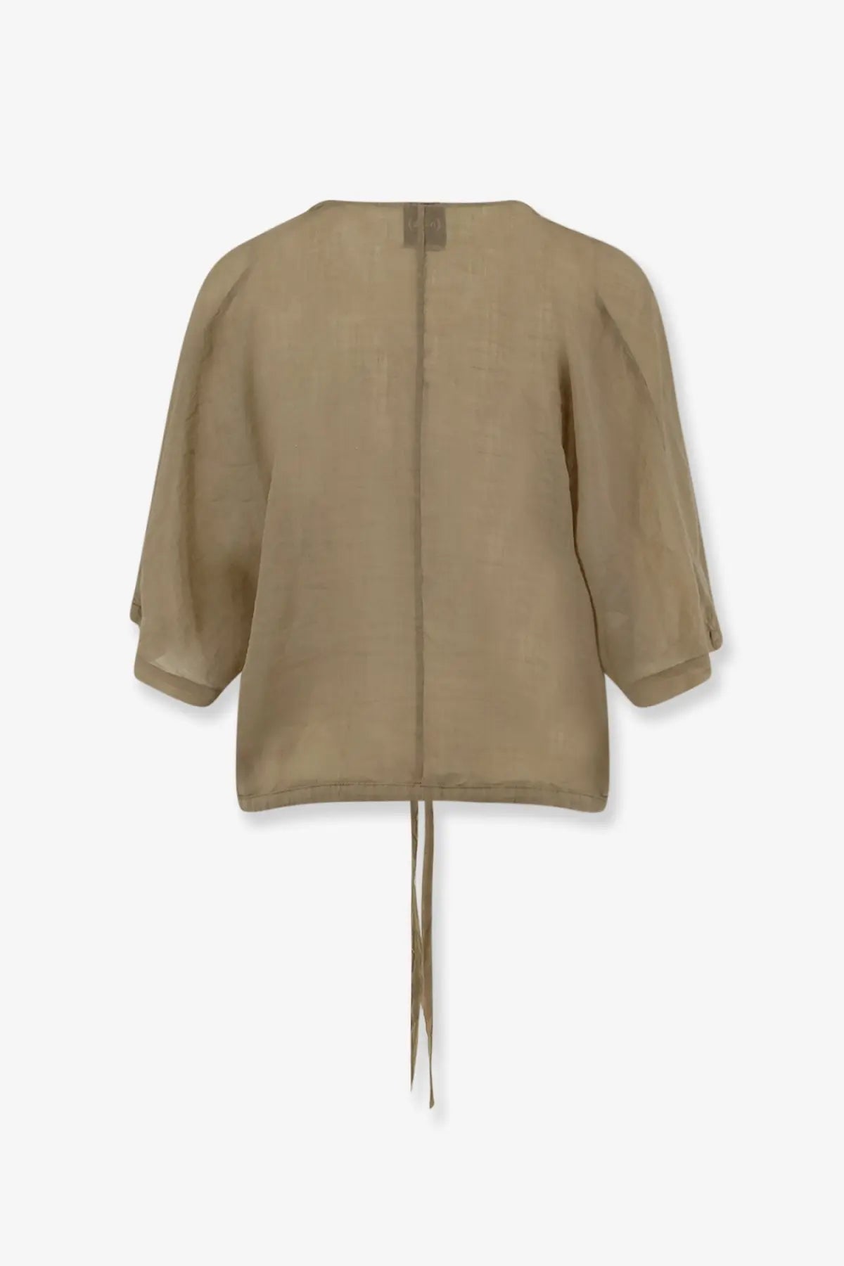Beige linen blouse with puffed sleeves and back tie shown from the back in nude women’s linen blend shirt green collection