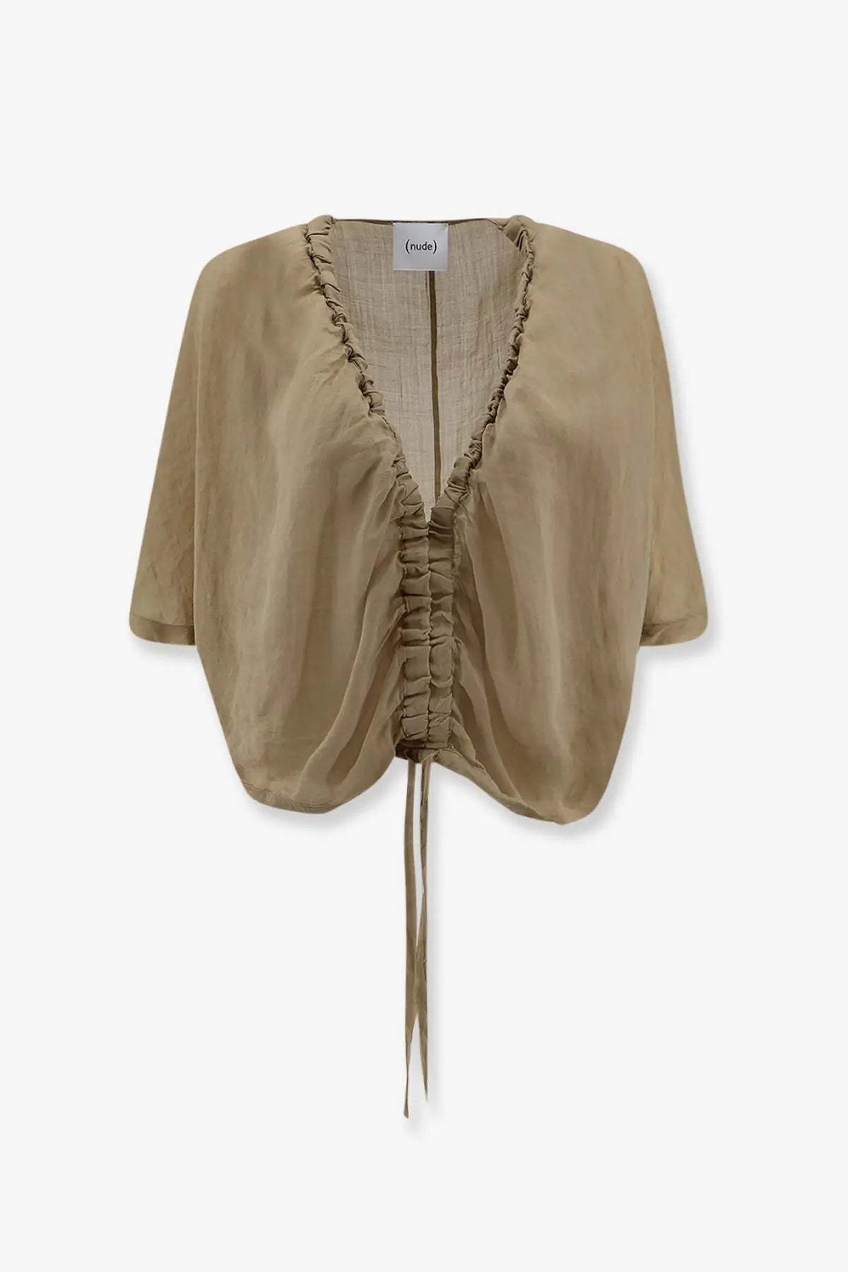 Beige sheer cropped top with ruched detailing and drawstring tie in nude women’s linen blend shirt green collection