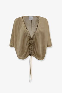Beige sheer cropped top with ruched detailing and drawstring tie in nude women’s linen blend shirt green collection