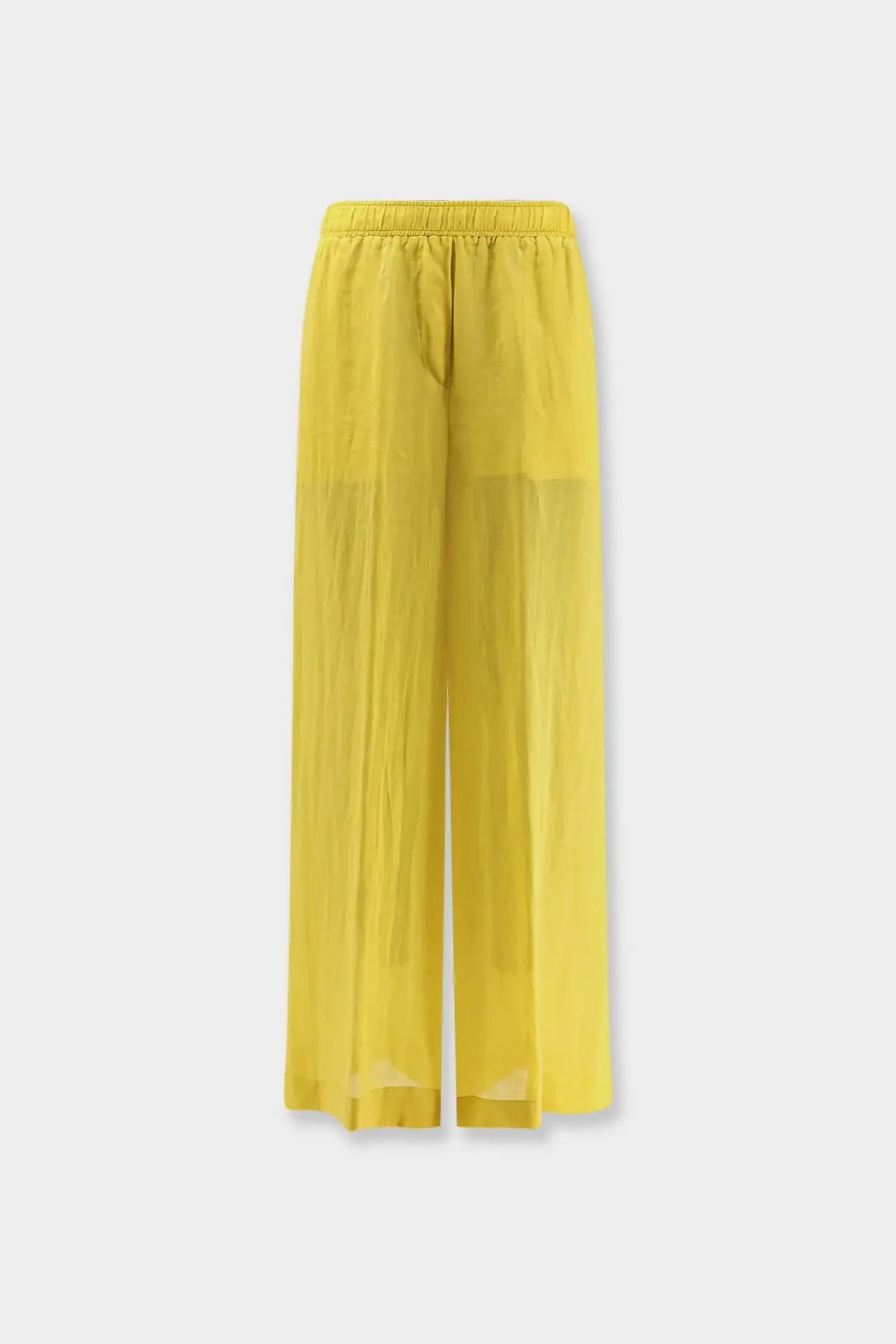 Bright yellow sheer wide-leg pants with elastic waistband in linen blend for women from cedar collection