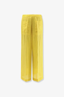 Bright yellow wide-leg linen blend trousers with elastic waistband and two front pockets for women Nude cedar