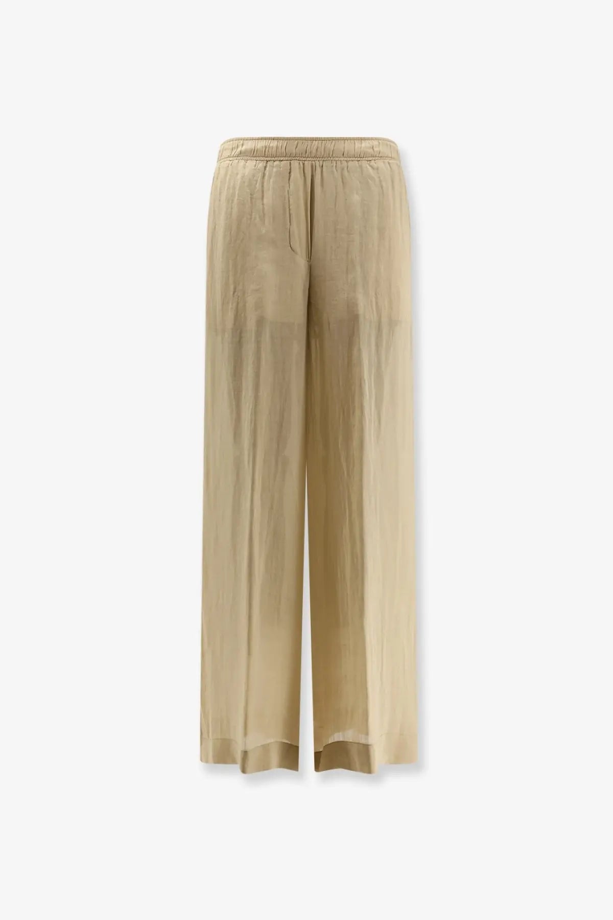 Nude women’s linen blend wide-leg trousers in beige with elastic waistband and flowing lightweight fabric