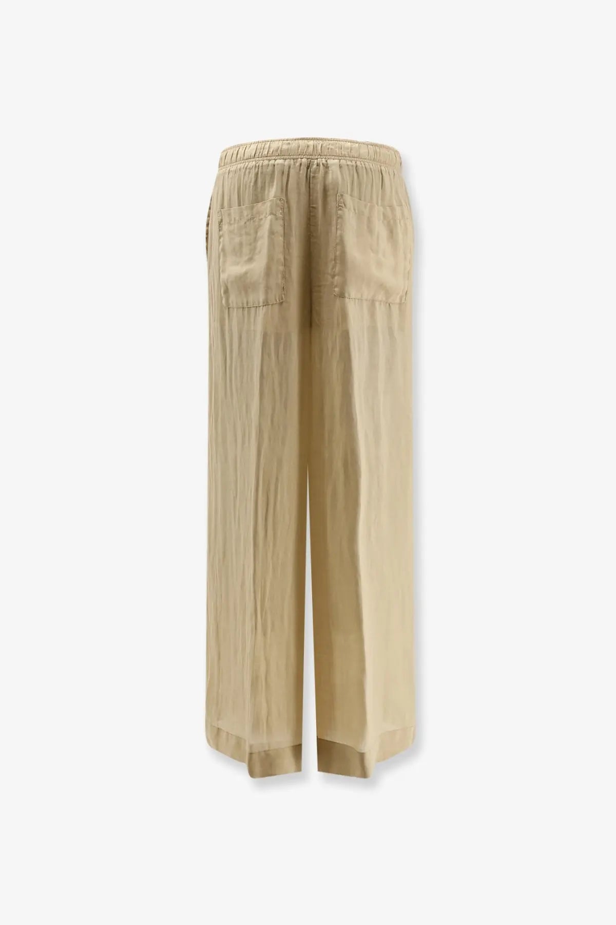 Beige wide-leg linen blend trousers with elastic waistband and front pockets in nude style for women