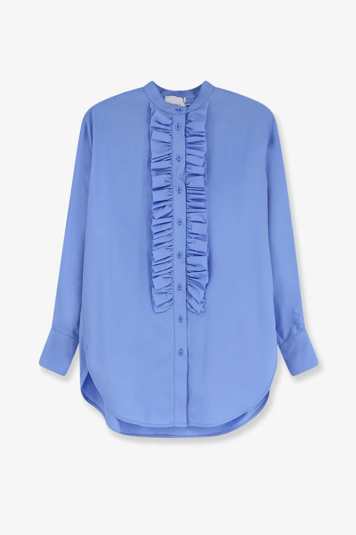 Light blue cotton long-sleeved blouse with ruffled front panel and rounded collar from Nude women’s oversize shirt collection