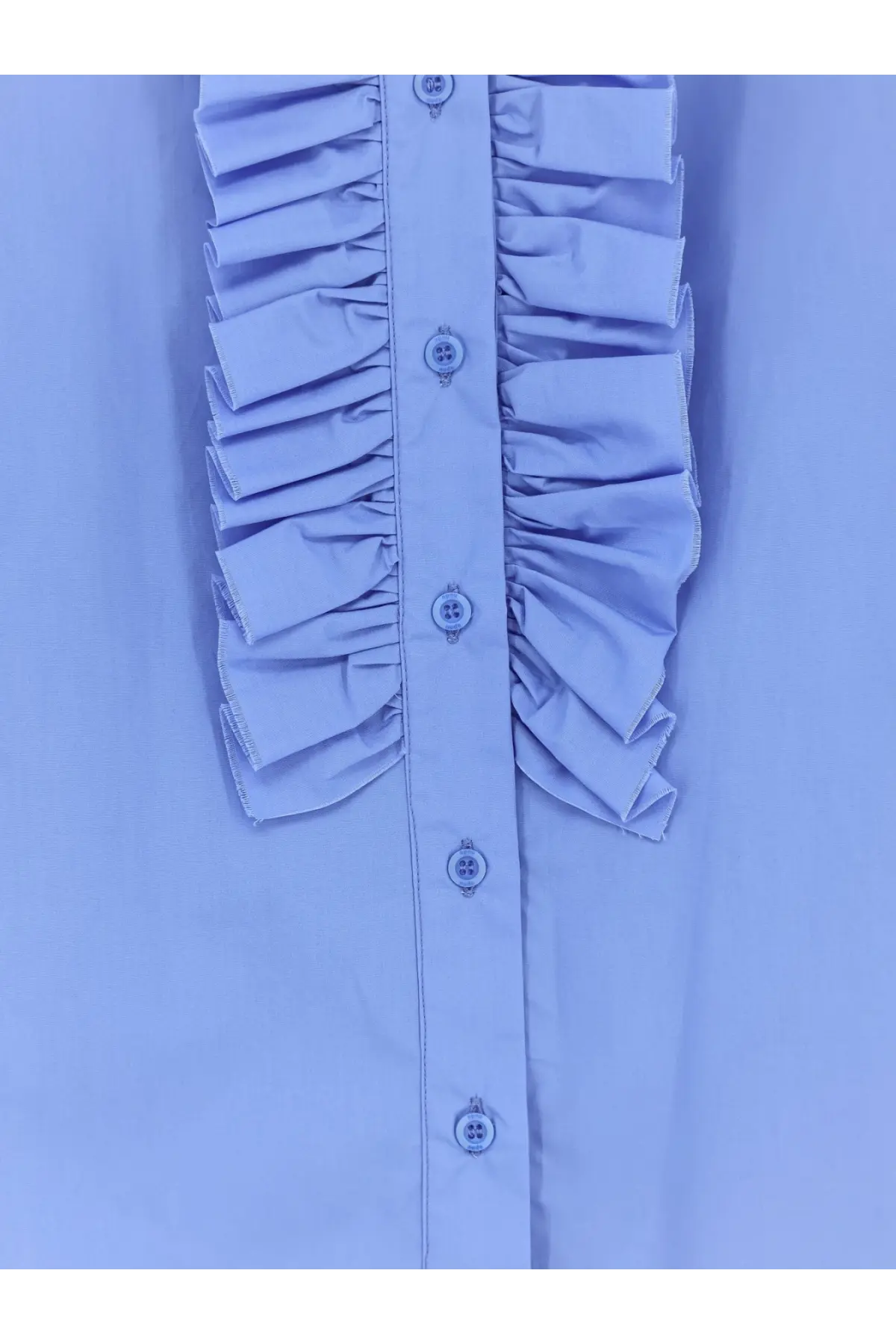 Light blue oversize cotton blouse for women with ruffled design and decorative buttons down the front