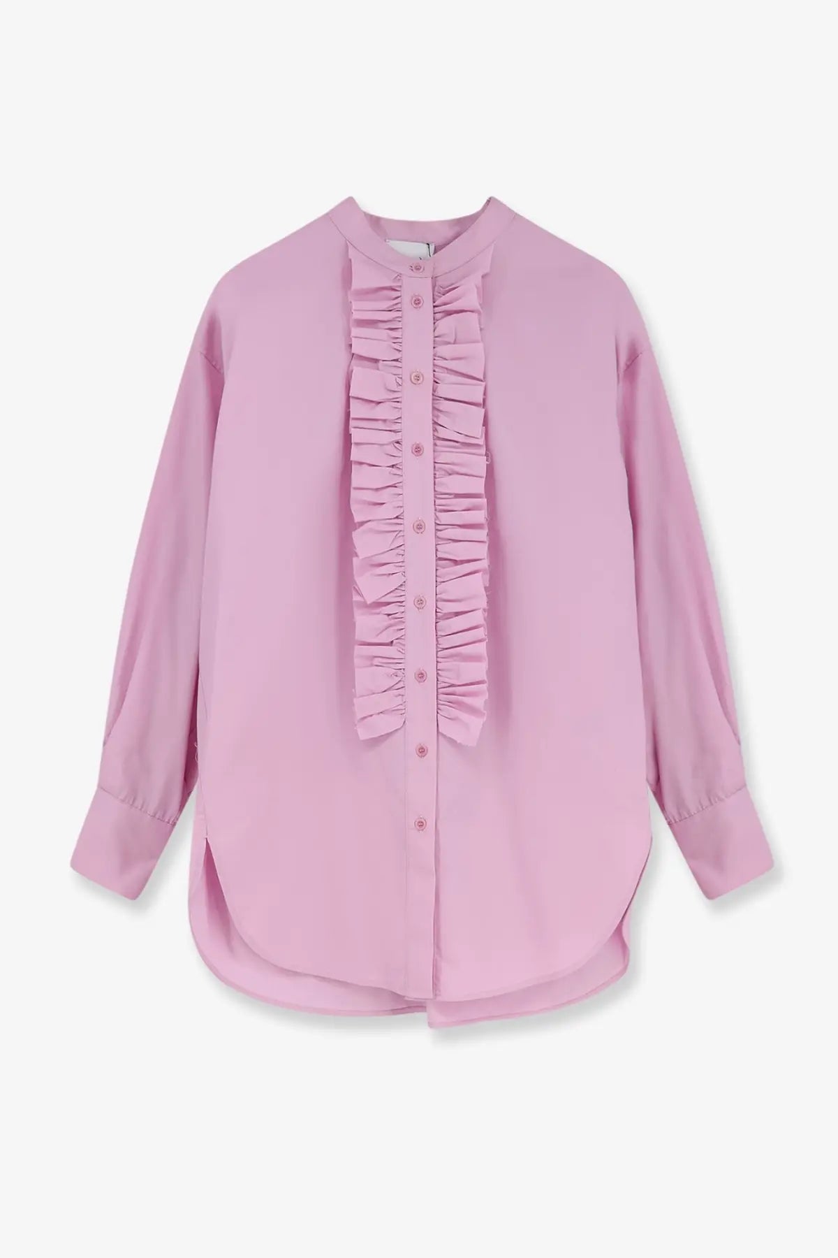 Nude women’s oversize cotton shirt in soft pink with long sleeves ruffled front panel and button closure