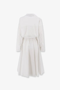 Nude womens polo cotton dress white with long sleeves belted waist and flared skirt in white cotton fabric