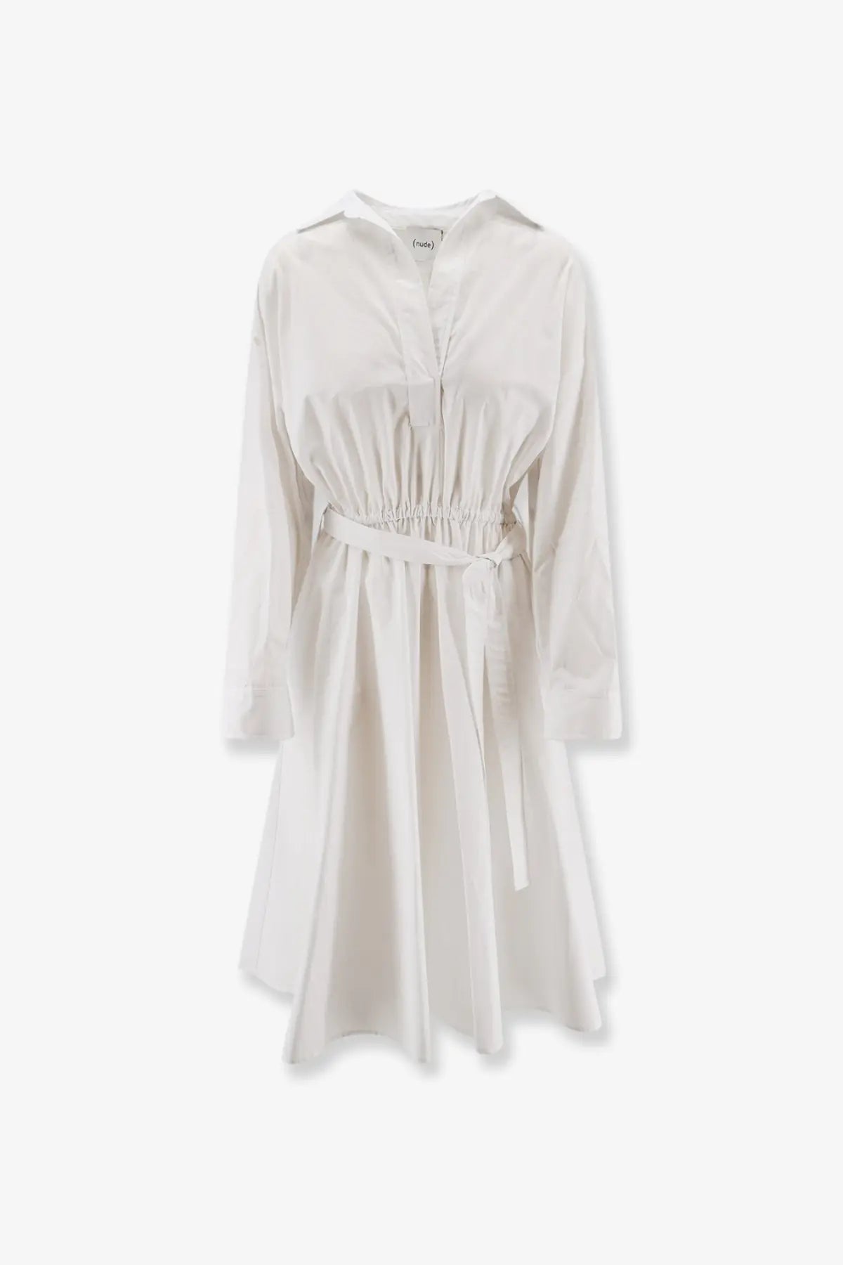 White long-sleeved polo cotton dress with collar and drawstring waistband for women by Nude