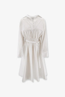 White long-sleeved polo cotton dress with collar and drawstring waistband for women by Nude