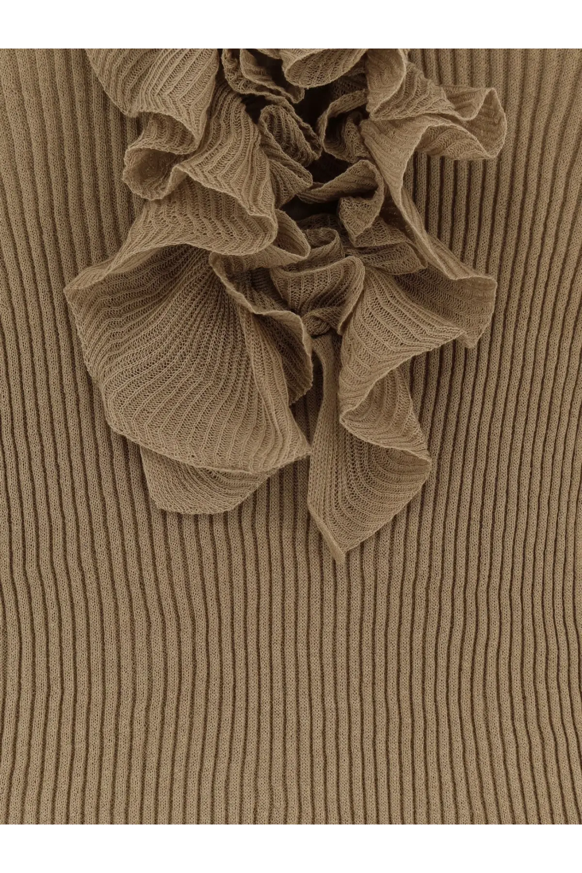 Nude women’s ribbed cotton blend sweater with beige layered ruffled embellishment on knit top front