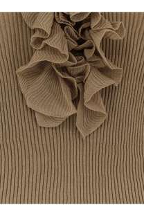 Nude women’s ribbed cotton blend sweater featuring a beige layered ruffled knit top with ribbed detailing