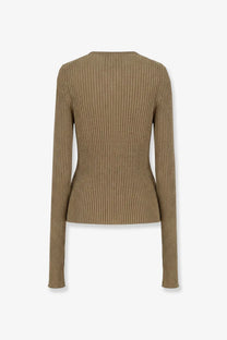 A ribbed long-sleeved camel knit top with a fitted silhouette made from cotton blend for women