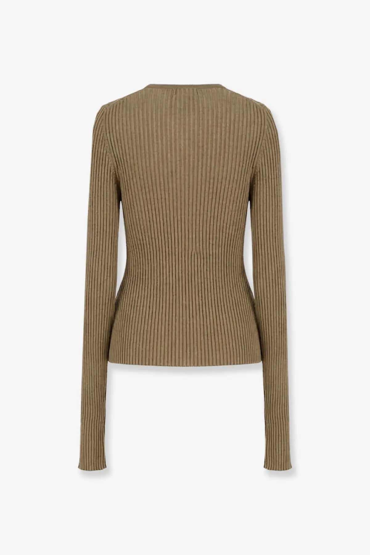 A ribbed long-sleeved camel knit cotton blend sweater with a fitted silhouette for women