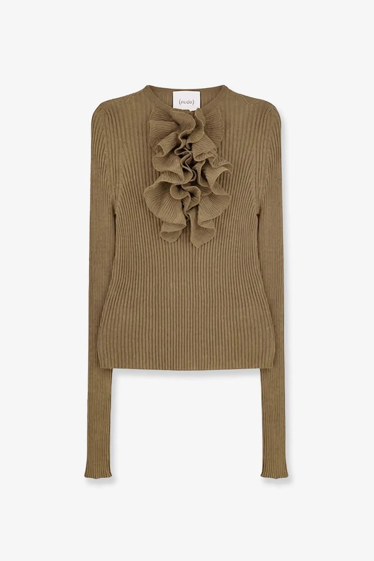 A ribbed olive green knit cotton blend sweater for women featuring a ruffled chest embellishment